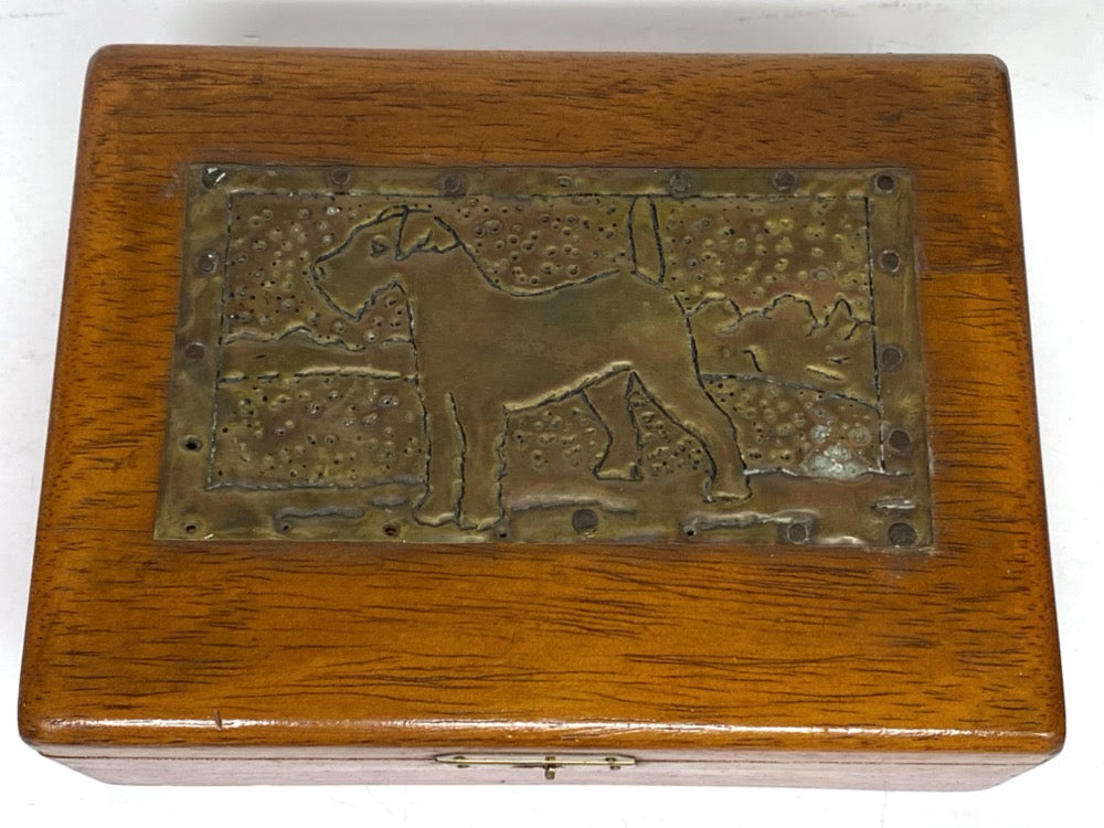 Vintage Wooden Cigar Box with Wire Fox Terrier Copper Art [A018]