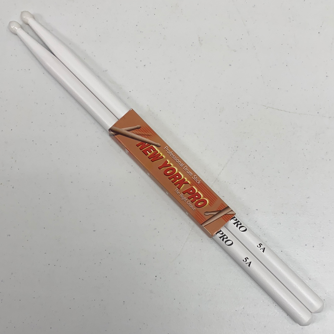 WHITE Pair of 5A Nylon Tip New York Pro Color Drumsticks